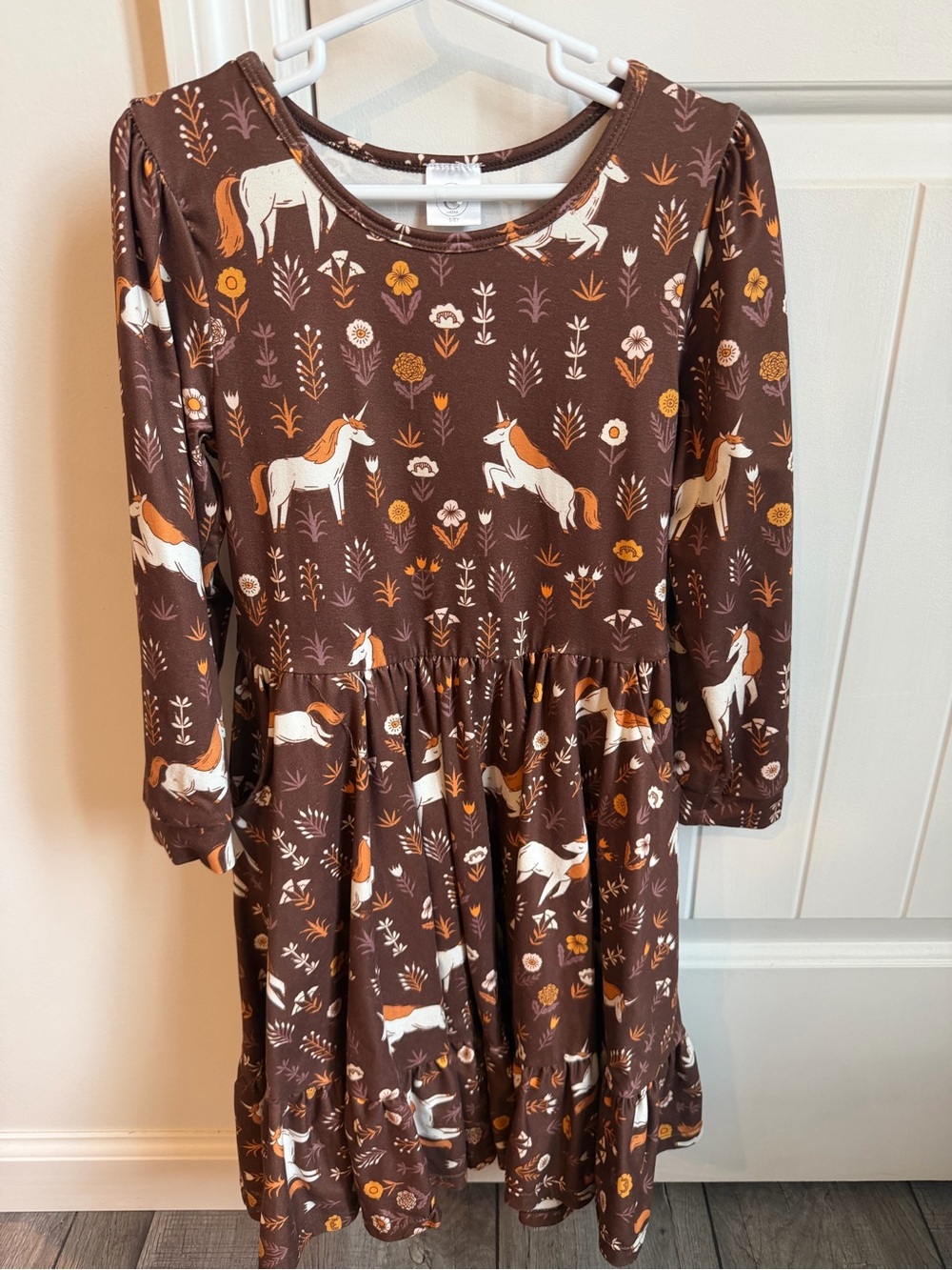 Girls' Brown Unicorn Print Long Sleeve Casual Dress